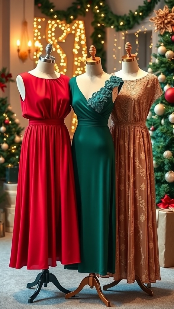 Elegant Christmas party dresses for women over 50 in festive colors displayed in a holiday setting.